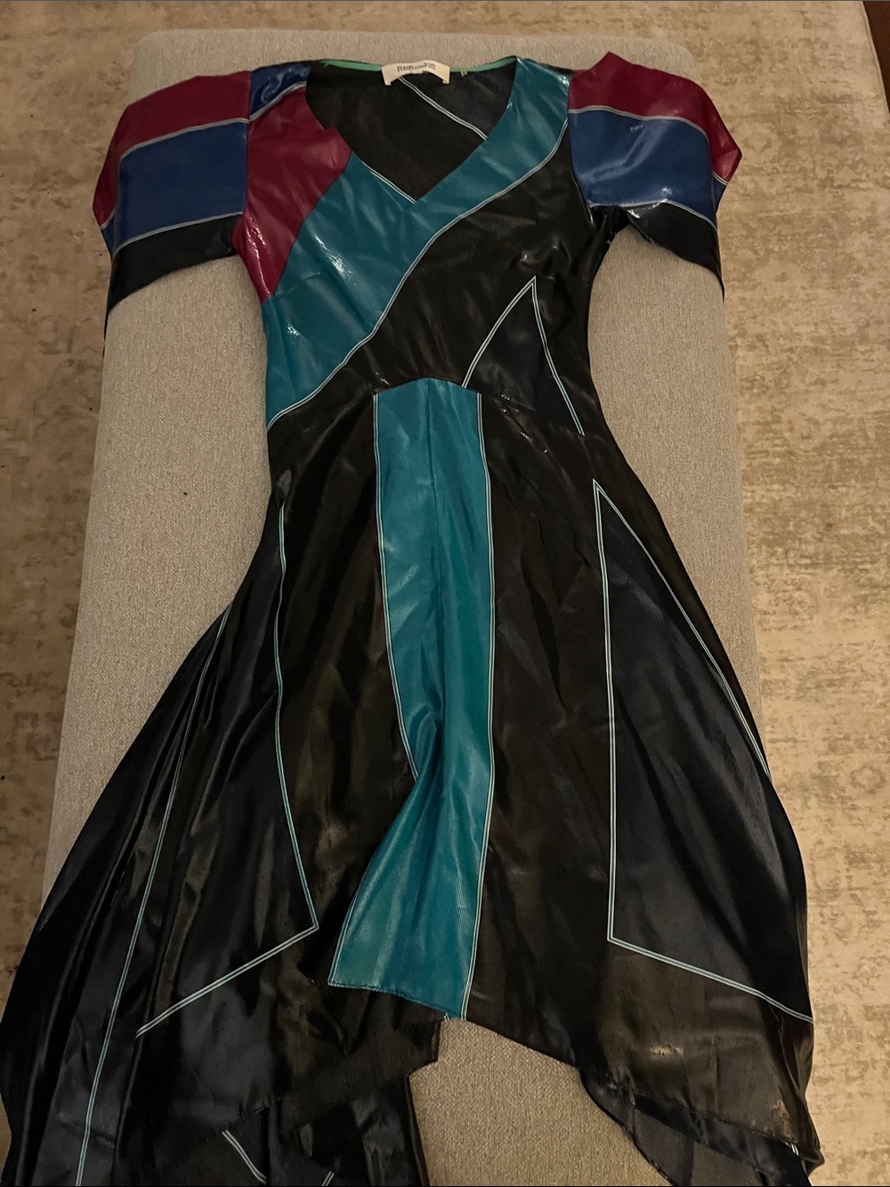 Diane Von Furstenberg Black Teal and Burgundy Colorblock Dress Jacket